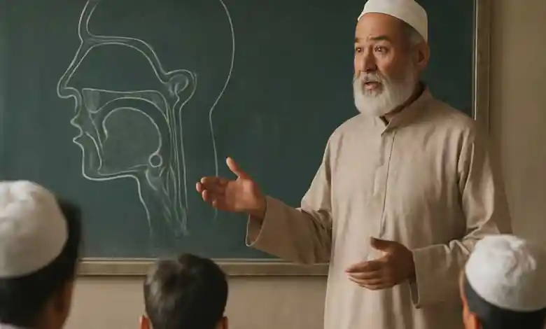 مخارج الحروف سبعة عشر مكتوبة على الذي يختاره من اختبر حسب أهل الأداء والضبط